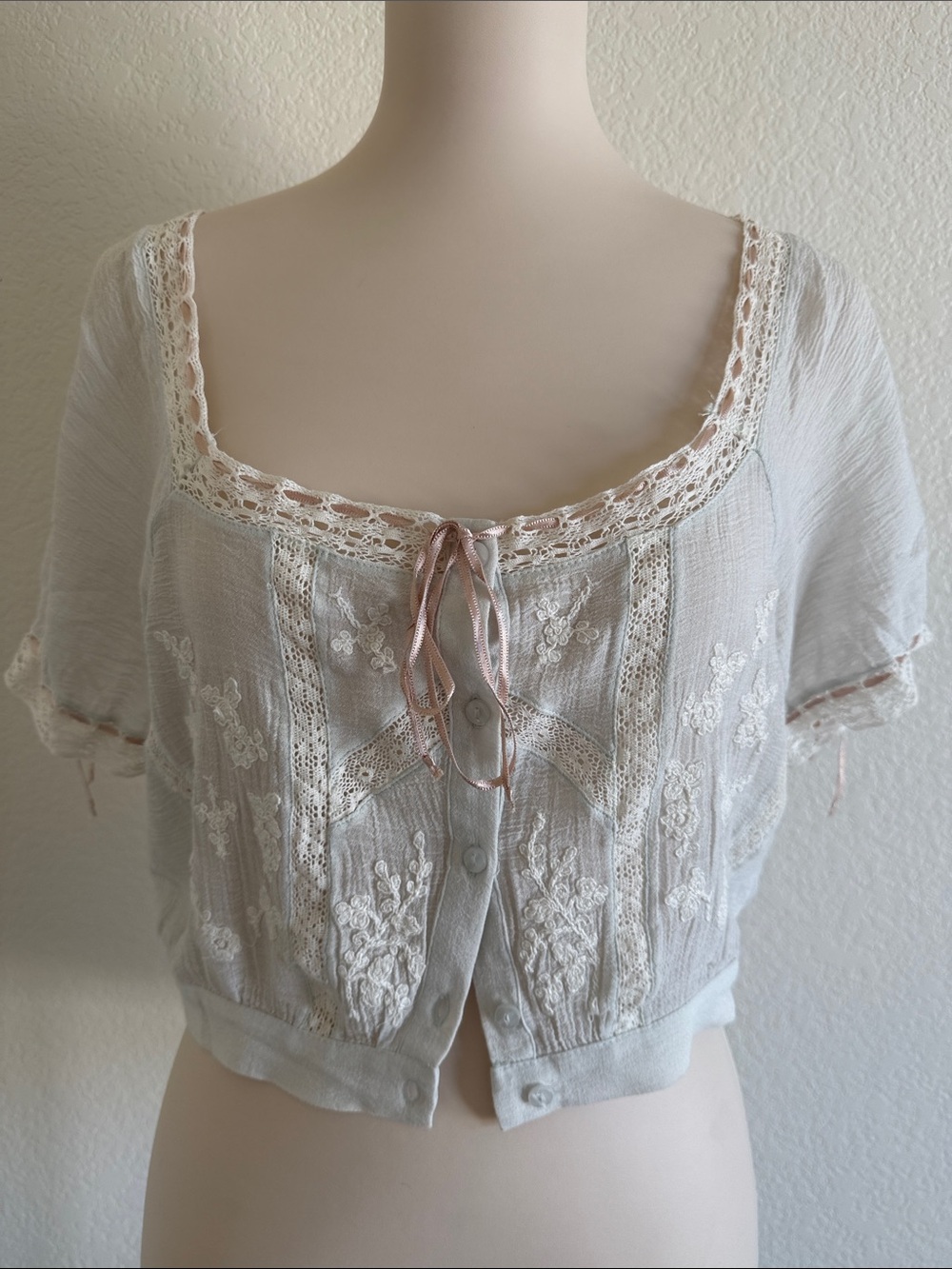 Zara Embroidered Gauze Lace-Trim Cropped Button Front Top